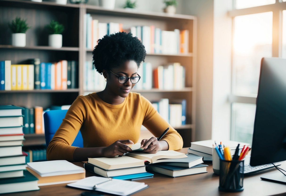 A person studying a variety of books and materials on professional development and training, surrounded by a desk, computer, and office supplies