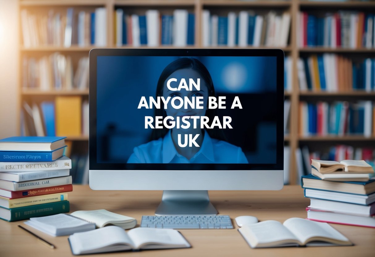 A person searching "can anyone be a registrar UK" on a computer, surrounded by books and educational materials