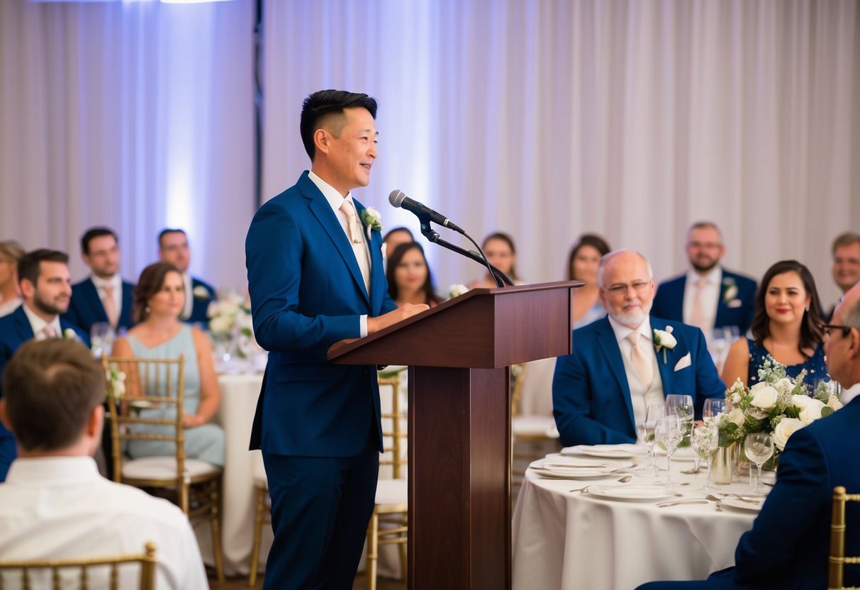 A person standing at a podium, speaking at a wedding reception. Audience members seated at tables, listening attentively