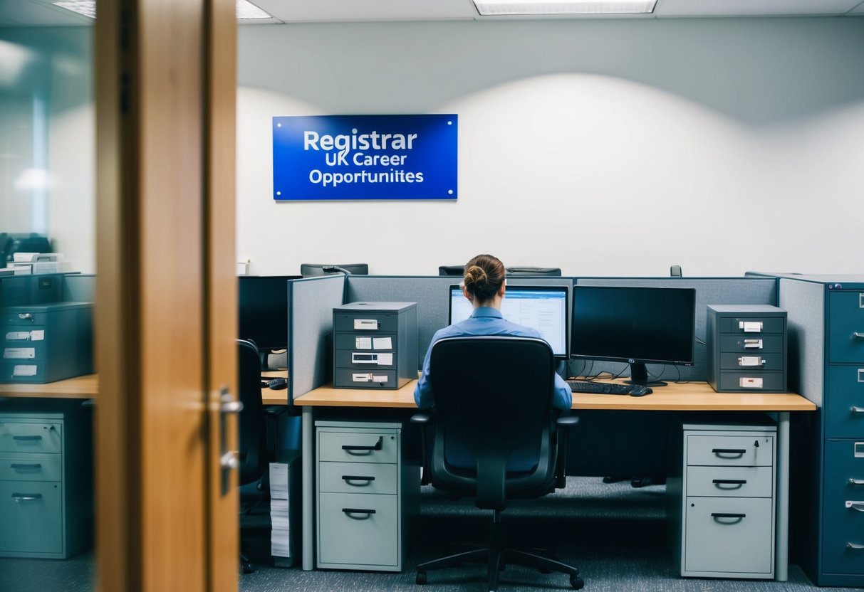 A busy office with a desk, computer, and filing cabinets. A sign on the wall reads "Registrar UK Career Opportunities."