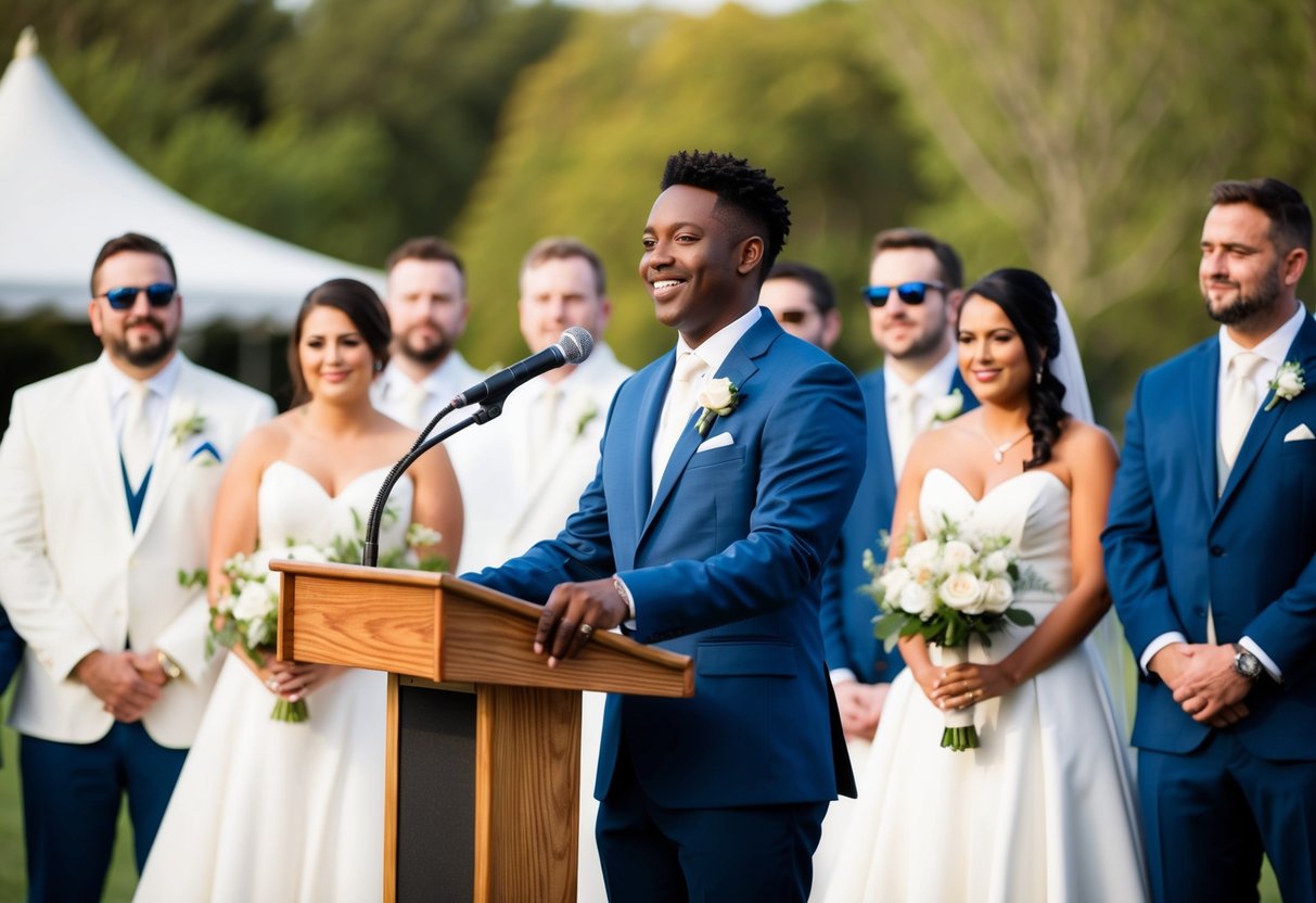 A person standing at a podium, surrounded by a wedding party, delivering a speech with a warm smile and confident posture