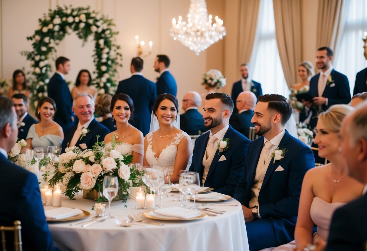A 4:30 pm wedding is formal with guests dressed in elegant attire, floral decorations, and a romantic ambiance