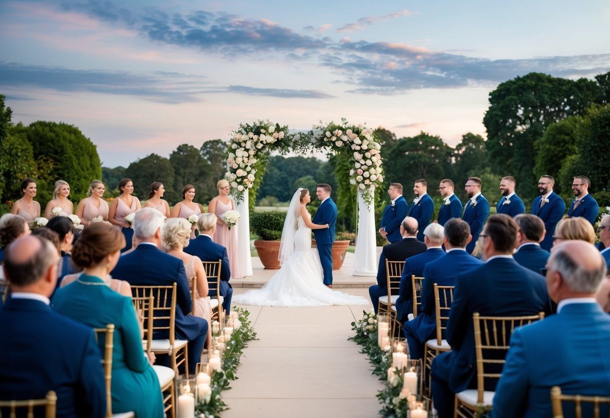 A grand outdoor setting with elegant decor and guests dressed in formal attire for a 4:30 PM wedding
