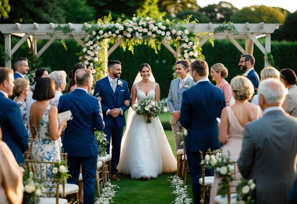 A garden wedding at 4:30 PM, with guests in semi-formal attire. The setting is elegant, with floral decorations and soft evening light