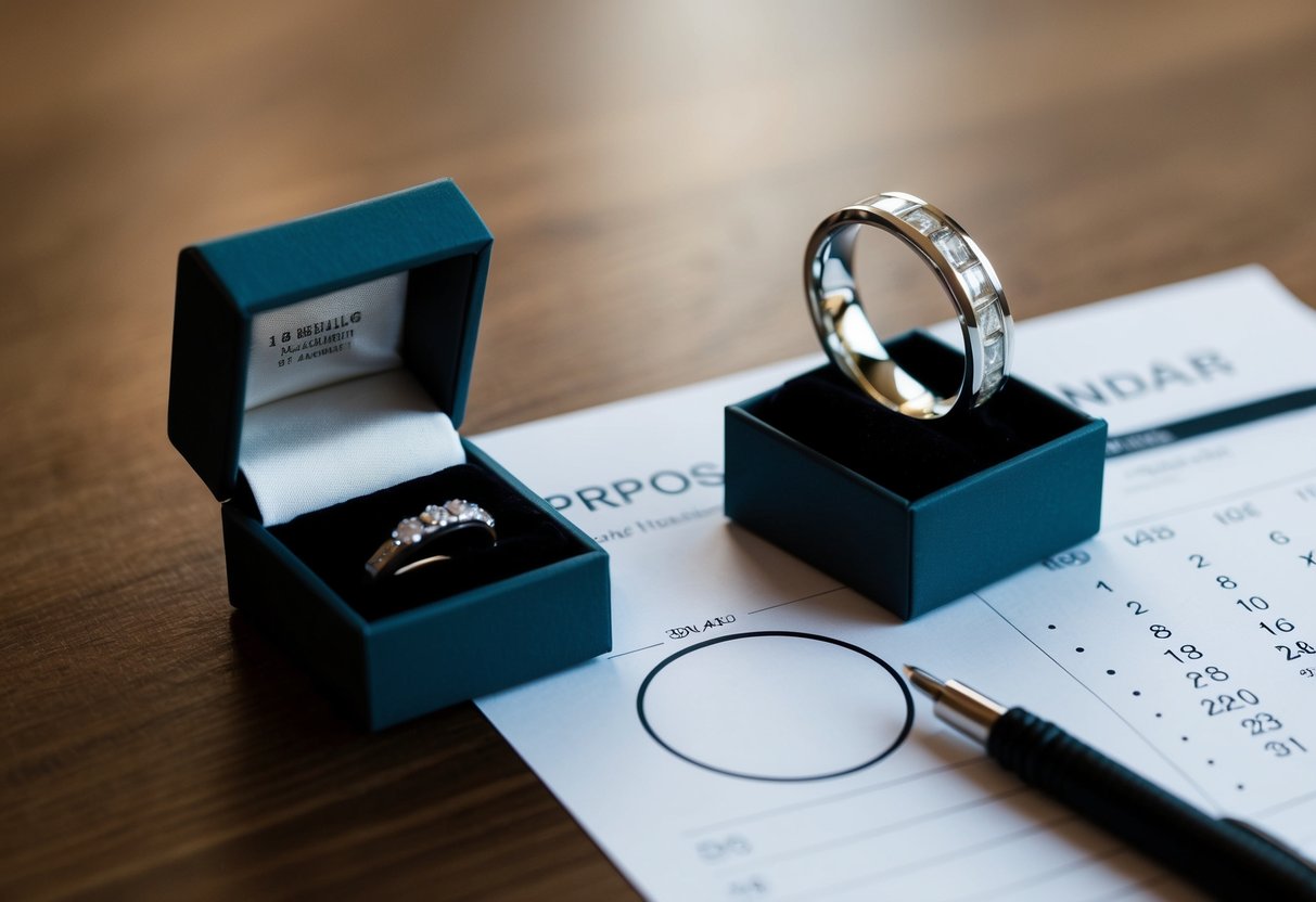 A ring box open on a table, with a wedding band inside and a calendar showing the date of the proposal and the wedding day circled