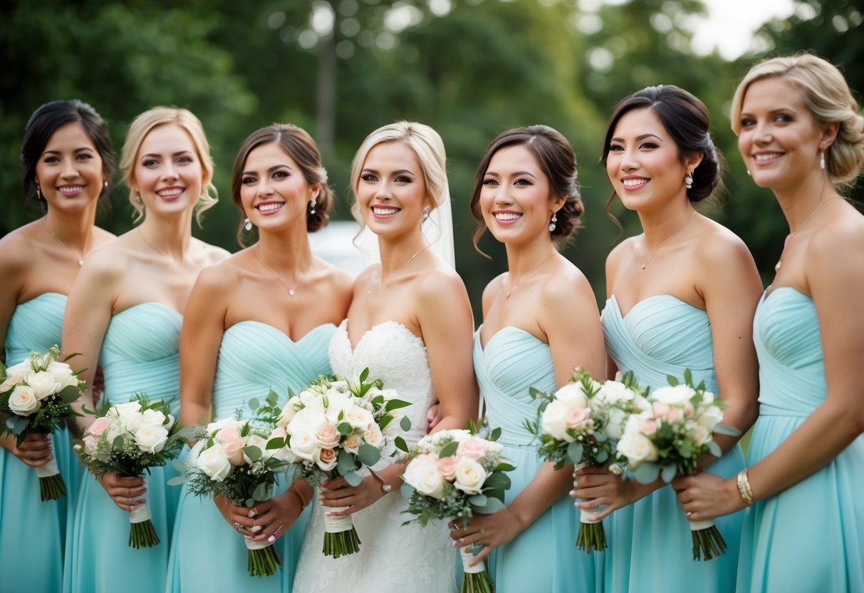 A group of women in matching dresses stand together, smiling and holding bouquets