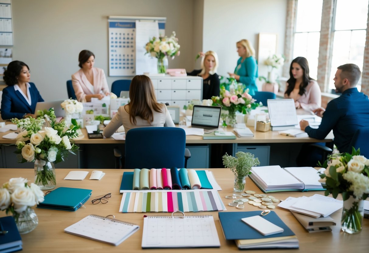 A bustling wedding planner's office with calendars, fabric swatches, and flower arrangements scattered across the desk. A sense of urgency fills the air