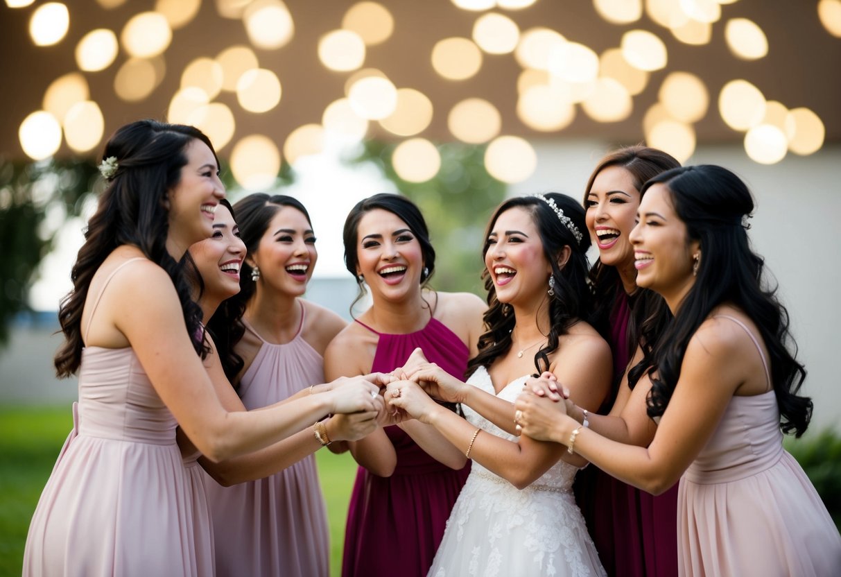 A group of women celebrating with the bride-to-be, holding hands, and smiling, indicating the bride has just asked them to be her bridesmaids