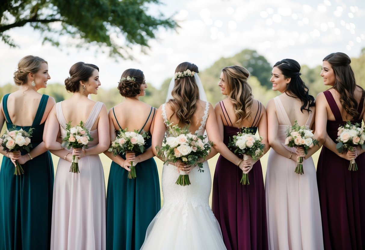 A group of bridesmaids standing in a row, each holding a bouquet, with varying hairstyles and dress colors