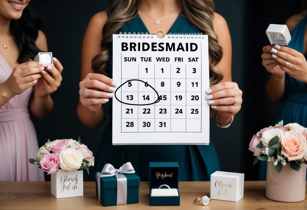 A woman holds a calendar, circling a date. Bridesmaid proposal items surround her, including a ring box and personalized gifts