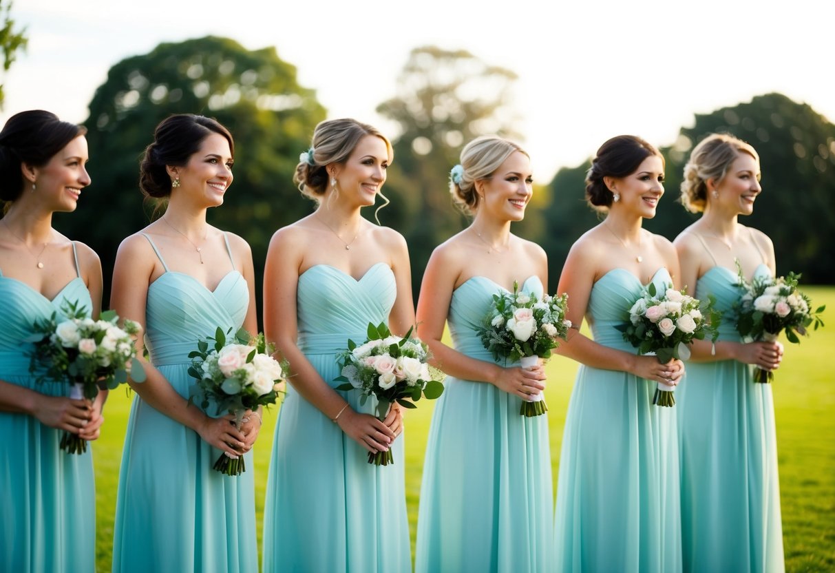 A group of bridesmaids standing in a line, each holding a bouquet and wearing matching dresses