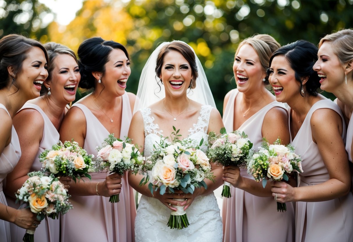 A bride-to-be holding a bouquet of flowers, surrounded by her bridesmaids, laughing and celebrating together