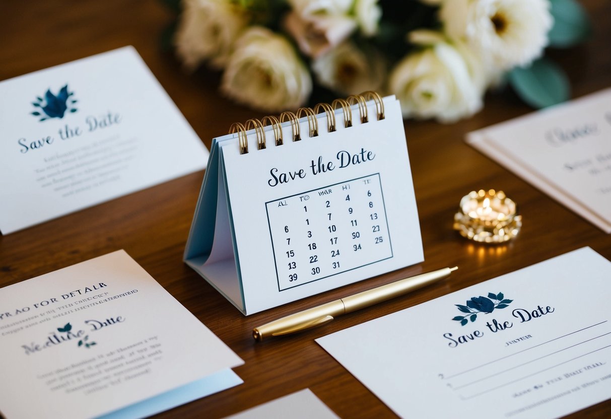 A calendar with a circle around a date, surrounded by wedding invitations and a blank space for a "Save the Date" card