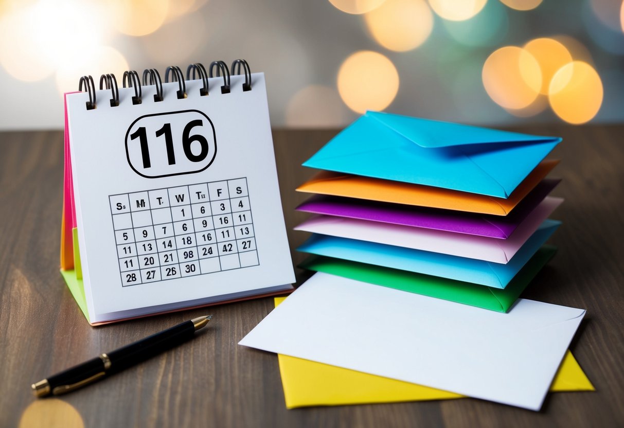 A calendar with a circled date, a blank invitation card, and a pile of colorful envelopes