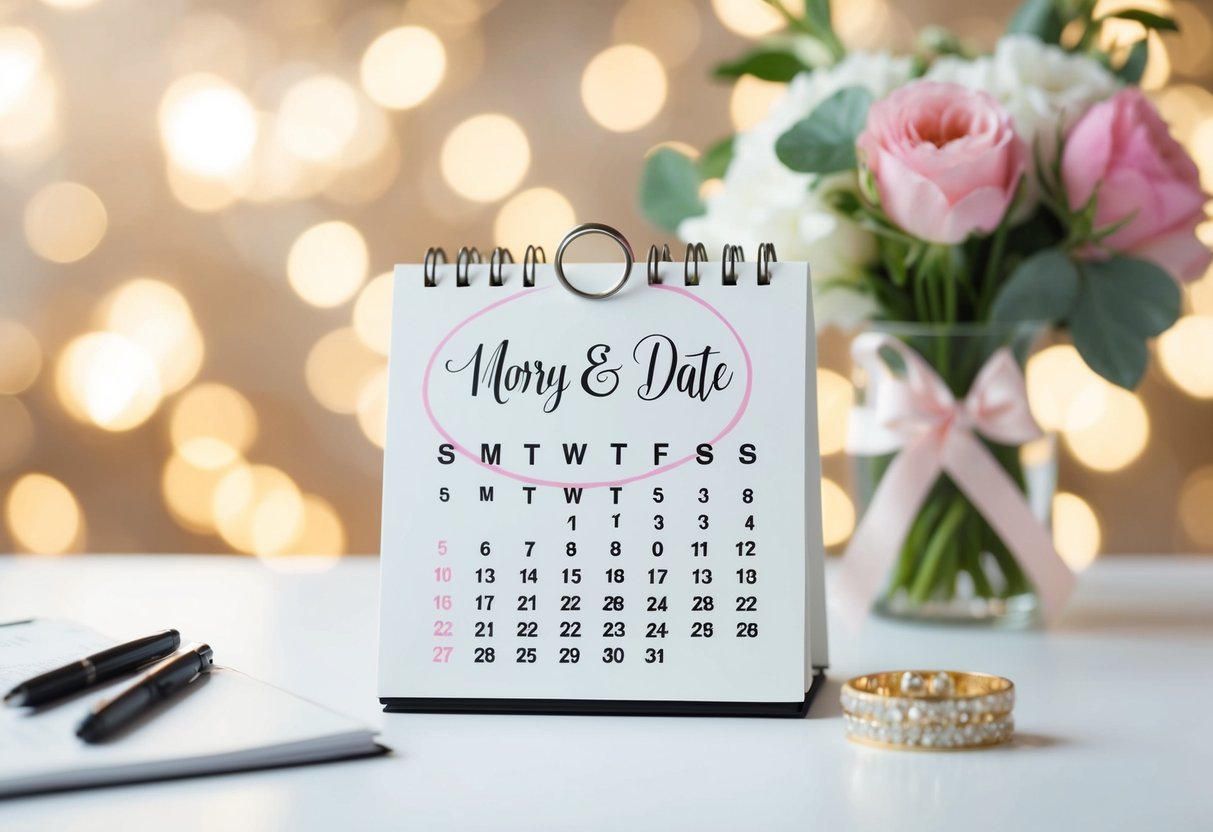 A calendar with the wedding date circled and the bridal shower date marked a few weeks prior