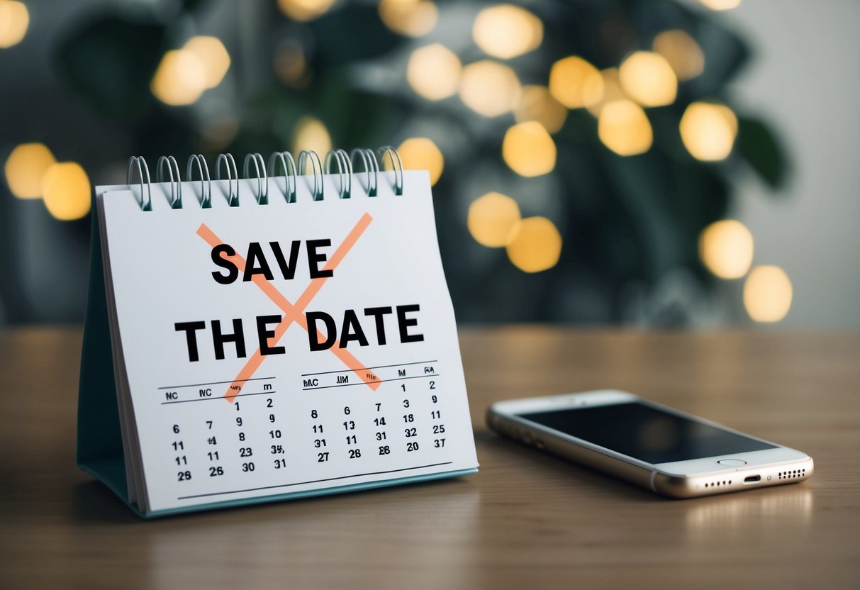 A calendar with a crossed out "Save the Date" and a phone with unanswered messages