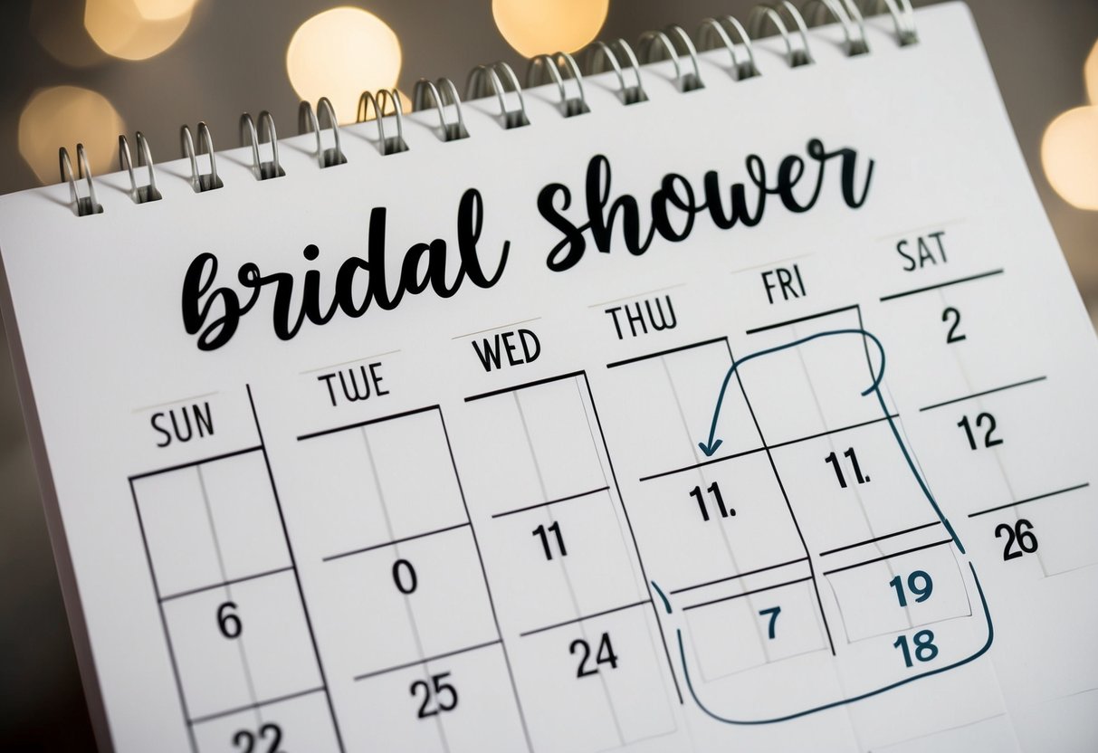 A calendar with the wedding date circled and a series of dates leading up to it, with the bridal shower date highlighted