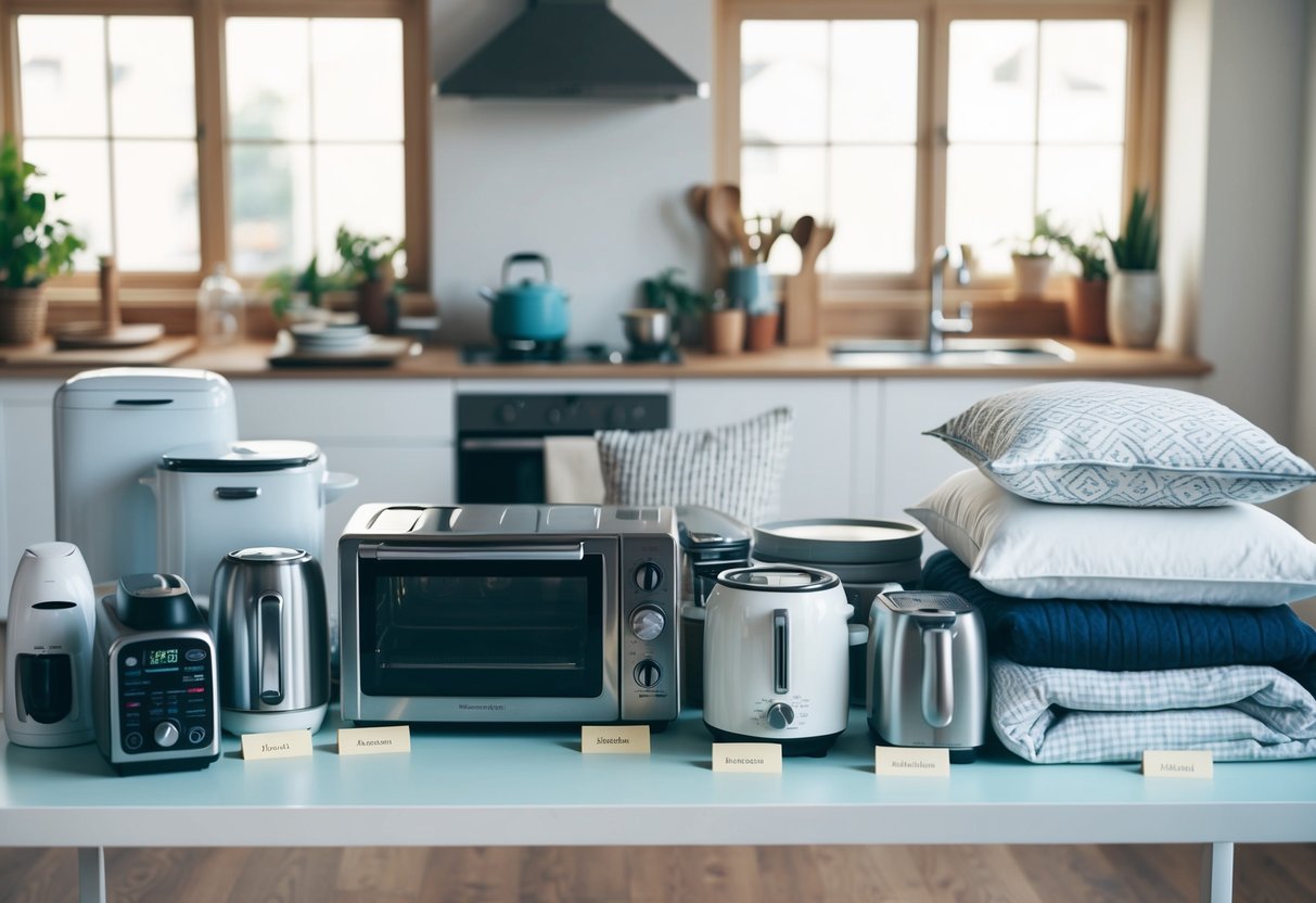 A table with various household items, such as kitchen appliances, bedding, and decorative pieces, arranged neatly and labeled