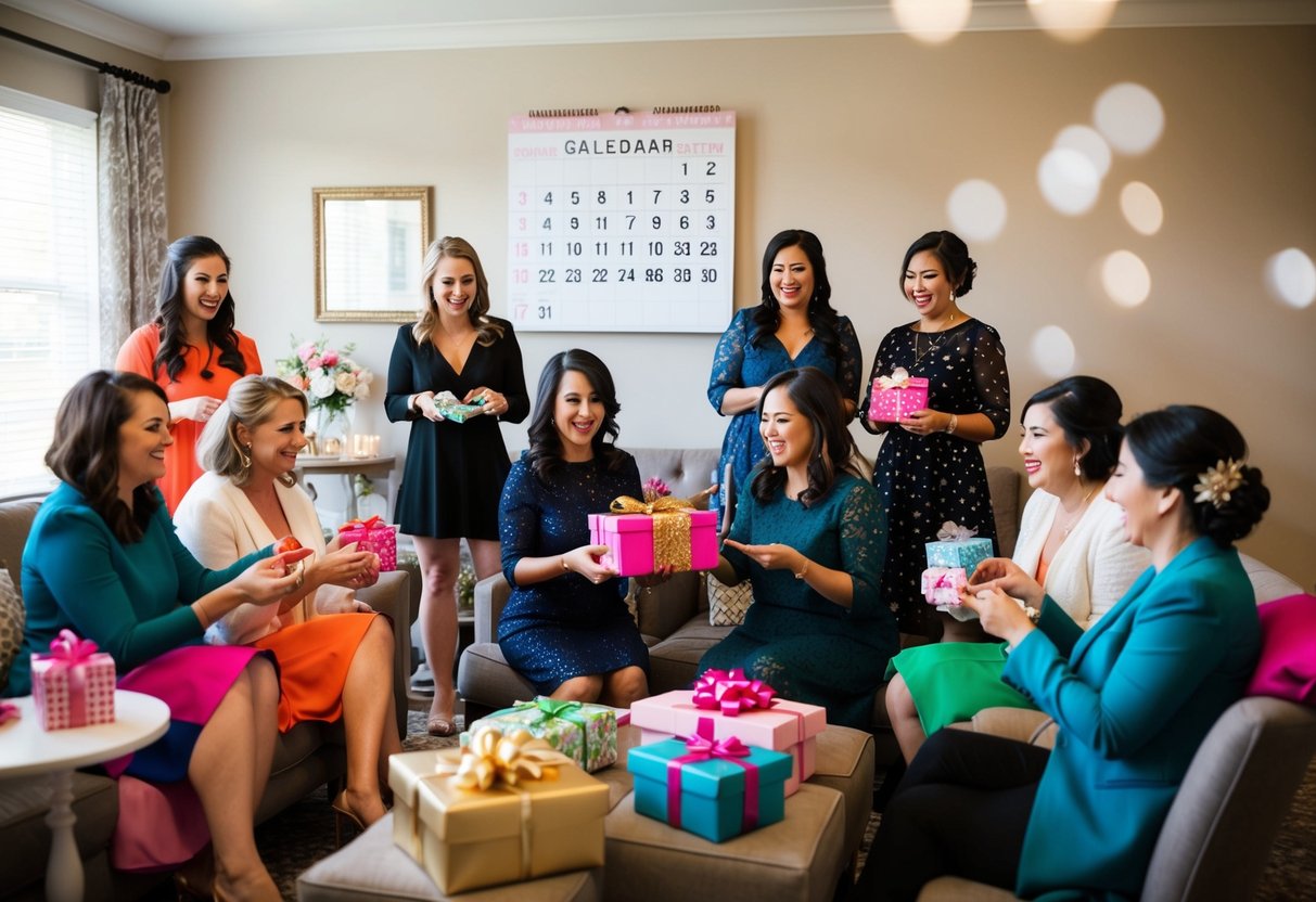 A group of women gather in a decorated space, playing games and opening gifts. A calendar on the wall shows the wedding date approaching