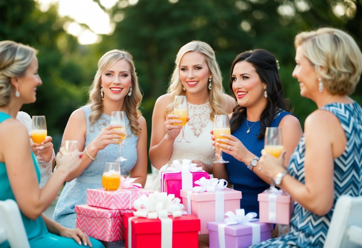 A group of women at a bridal shower, sipping drinks and chatting, with a pile of gifts in the background