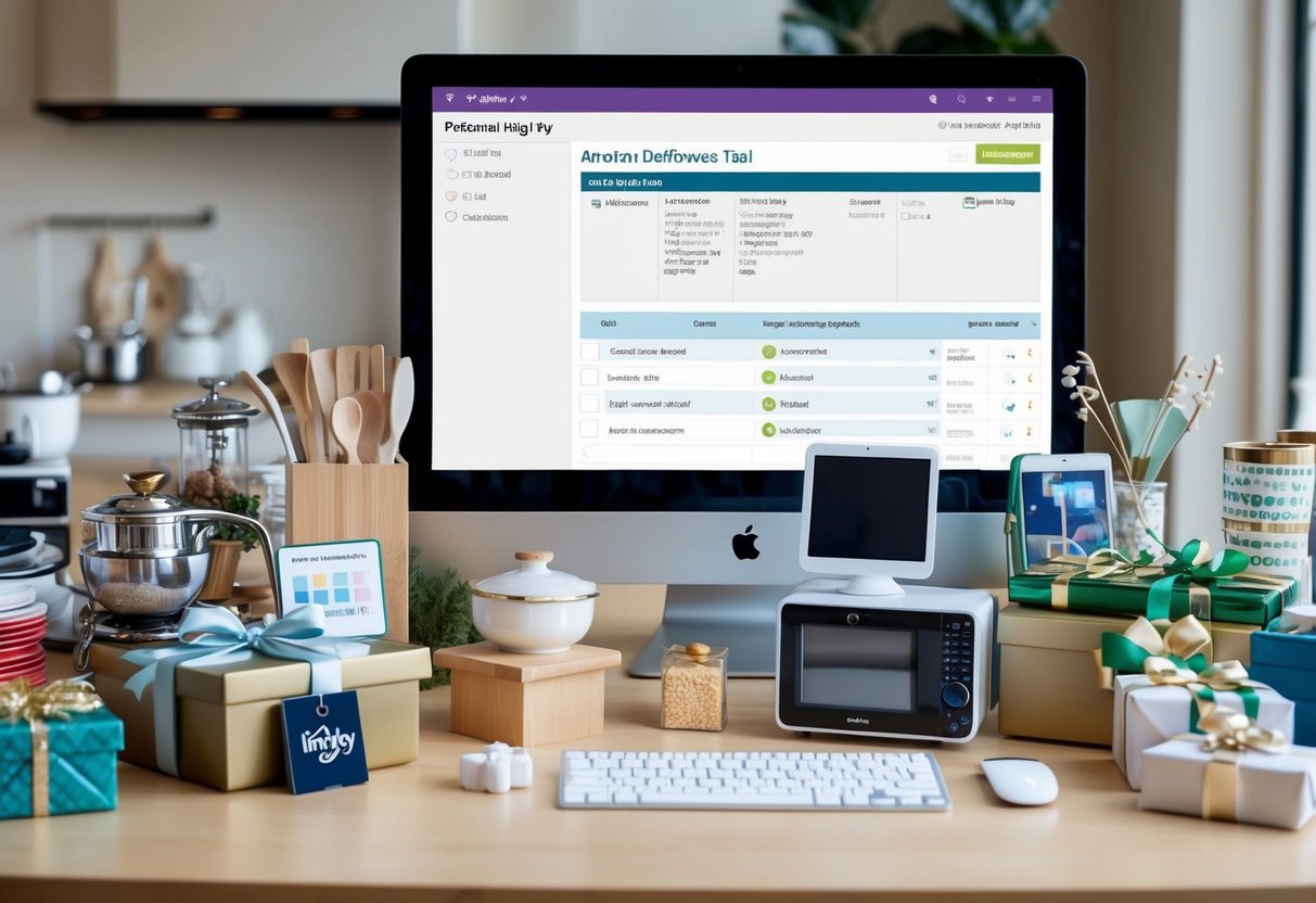 A table with various gifts, such as kitchenware, electronics, and home decor, displayed neatly and organized with a registry tool open on a computer screen