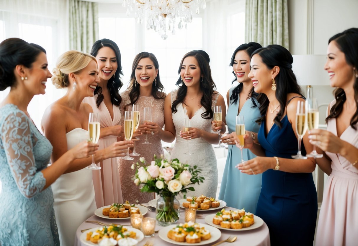 A group of elegantly dressed women mingle at a bridal shower. The room is filled with laughter and chatter as they sip on champagne and nibble on hors d'oeuvres