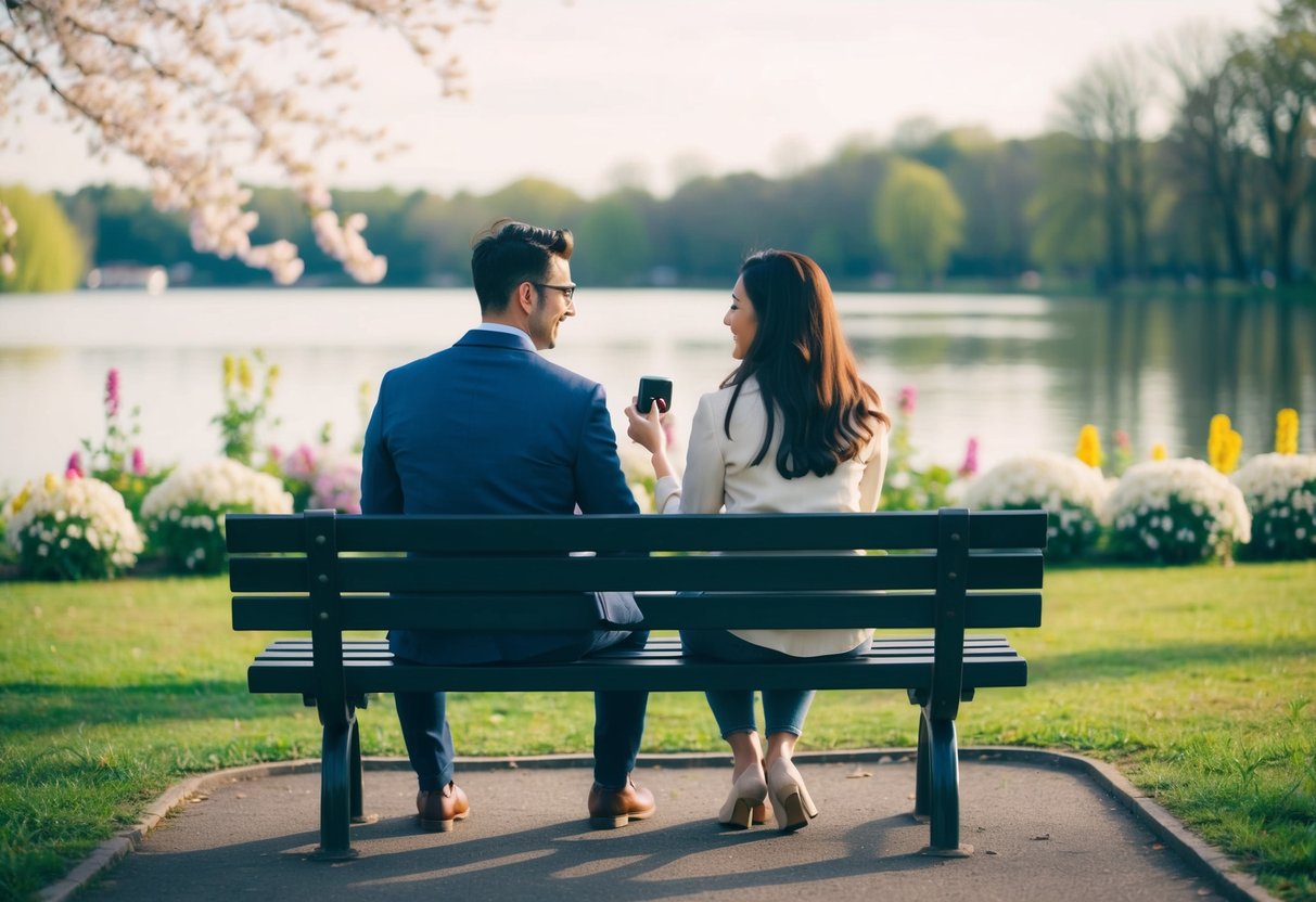 A couple sitting on a park bench, surrounded by blooming flowers and a serene lake, one person holding out a small box with a ring inside