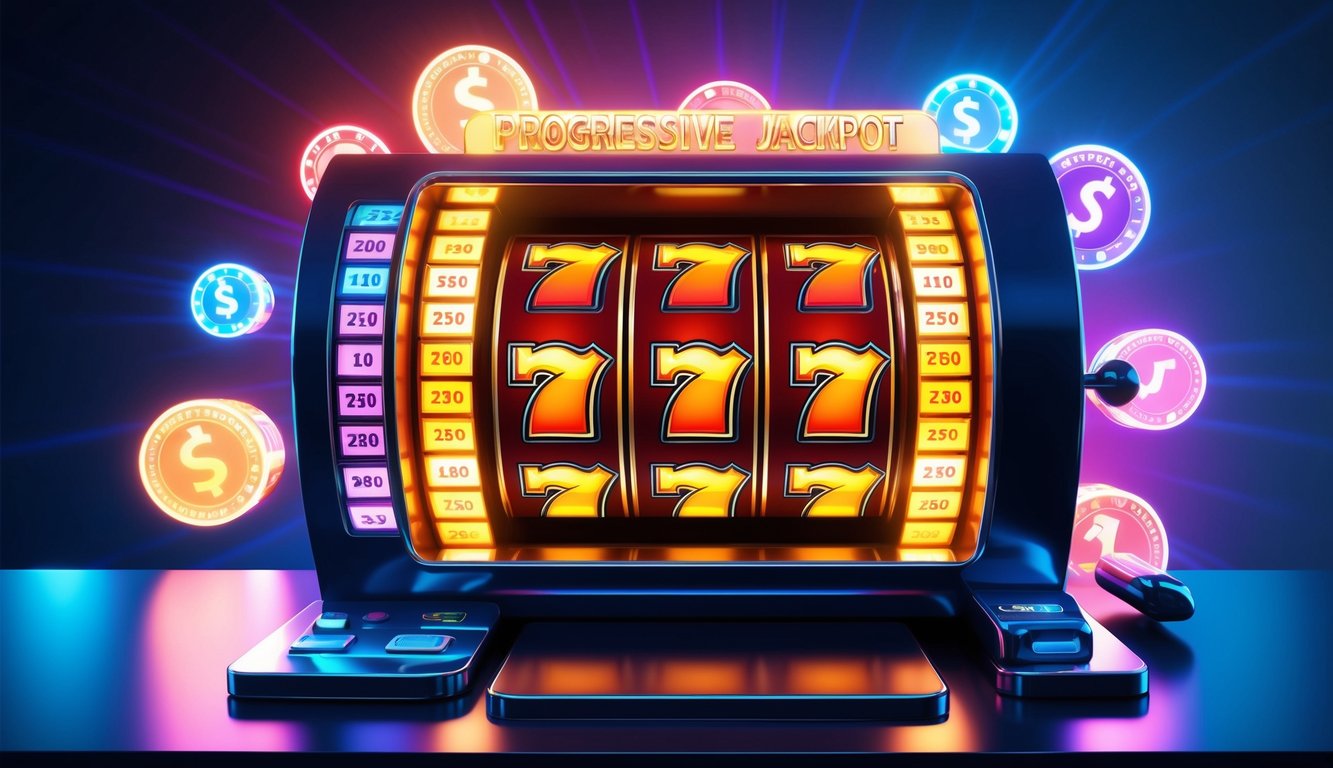 Sebuah mesin slot online yang bersinar dengan lampu berkedip dan jackpot progresif yang meningkat