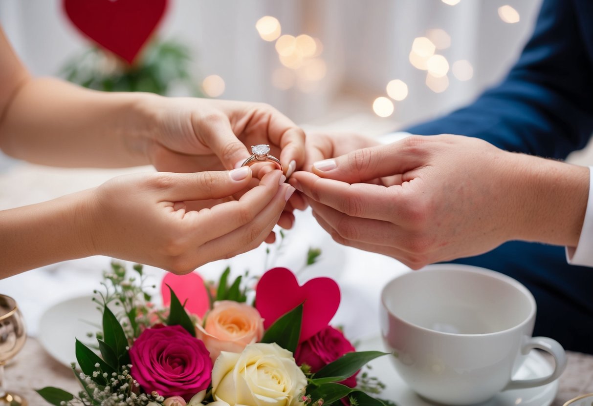 A couple's hands exchanging a ring, surrounded by symbols of love and commitment, such as flowers, hearts, and a romantic setting