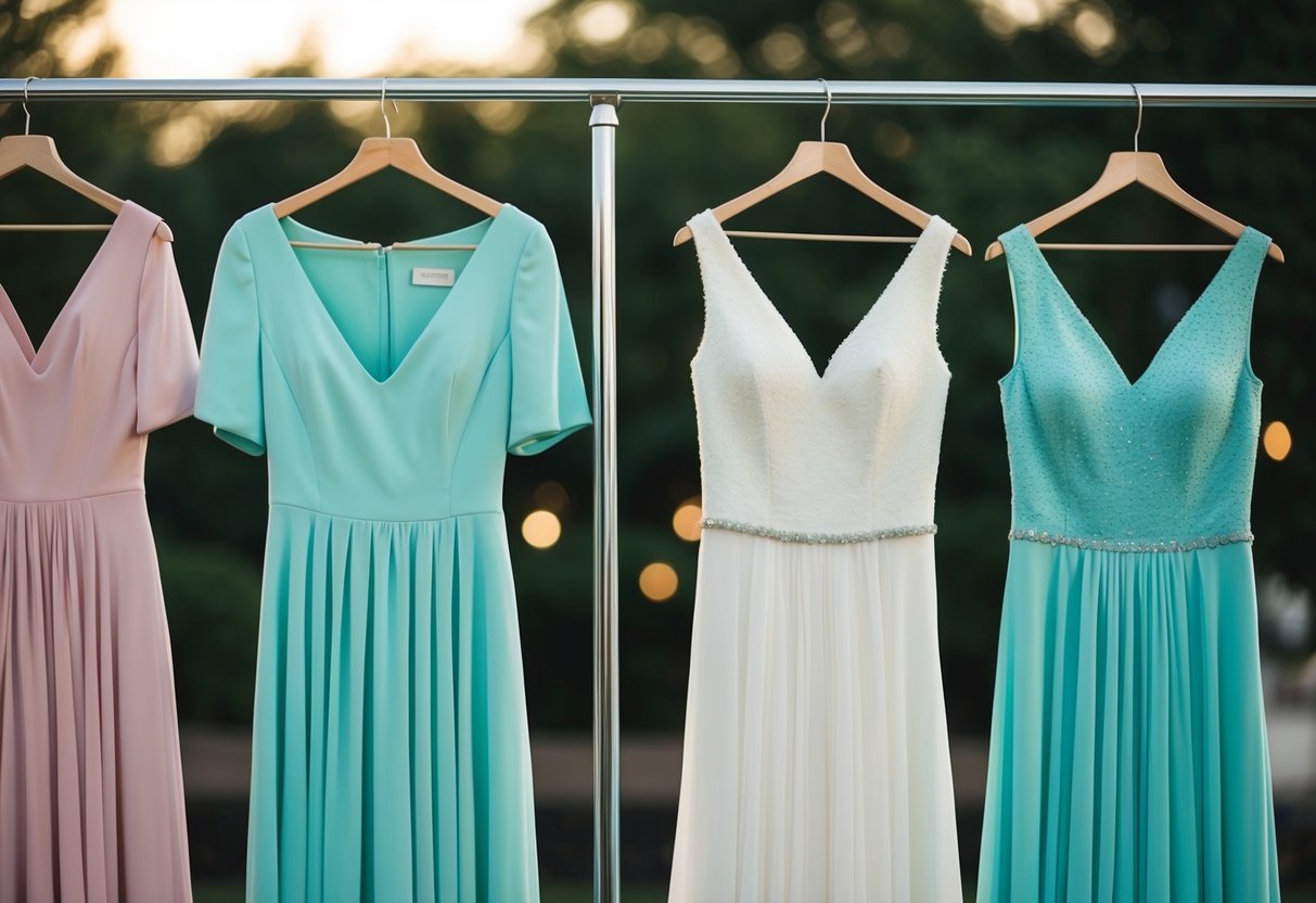 Two elegant dresses in matching colors hang side by side on a clothing rack, ready to be worn by the mothers of the bride and groom at the wedding