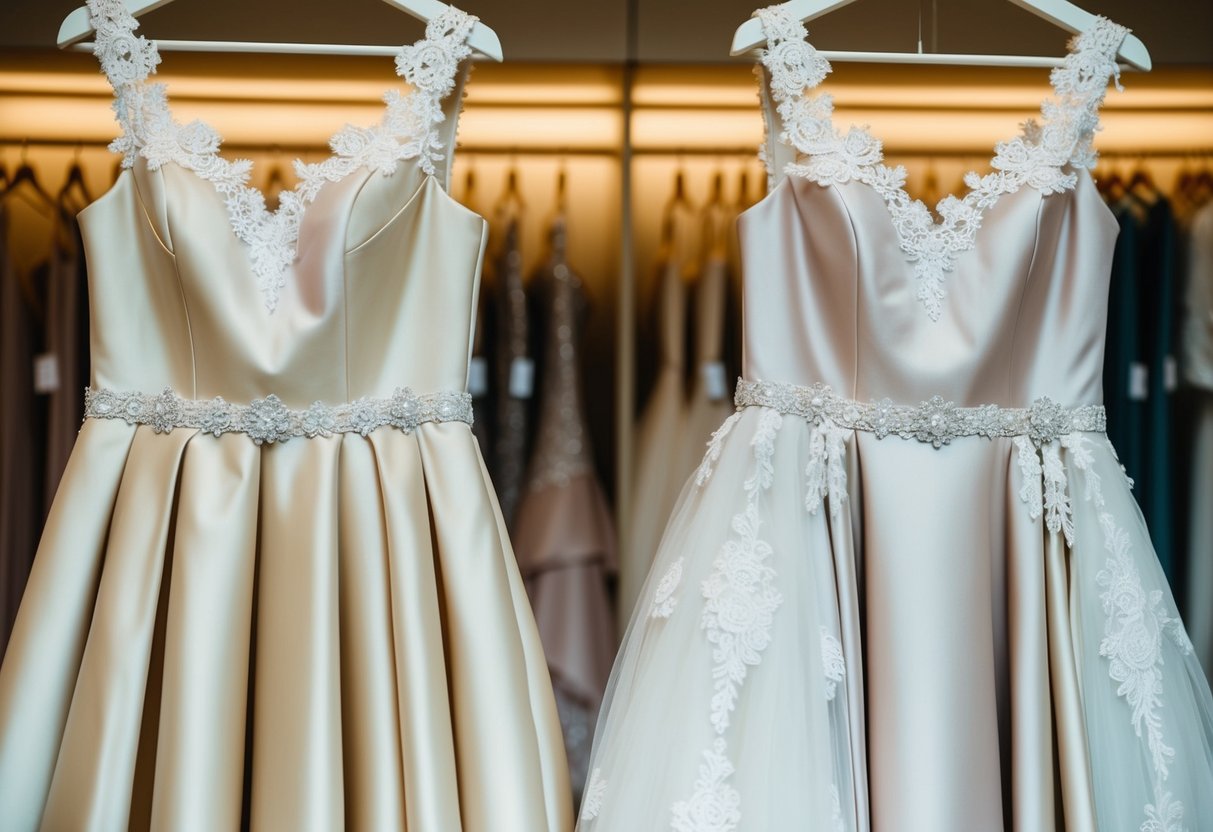 Two elegant dresses in matching shades hang side by side in a luxurious bridal boutique. The soft lighting highlights the intricate details of the fabric and the delicate lace trim