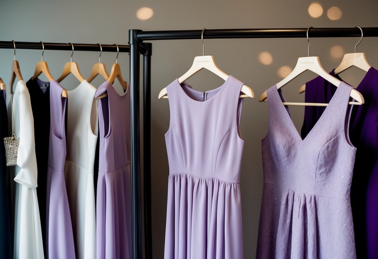 Two elegant dresses, one in a soft shade of lavender and the other in a matching hue, hang side by side on a clothing rack
