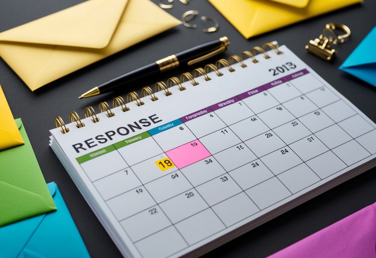 A calendar with a marked date and a blank space for a response, surrounded by colorful envelopes and a pen
