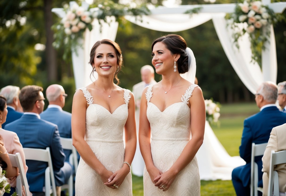 Two women in matching dresses stand side by side, smiling as they watch the bride and groom exchange vows at a beautiful outdoor wedding ceremony