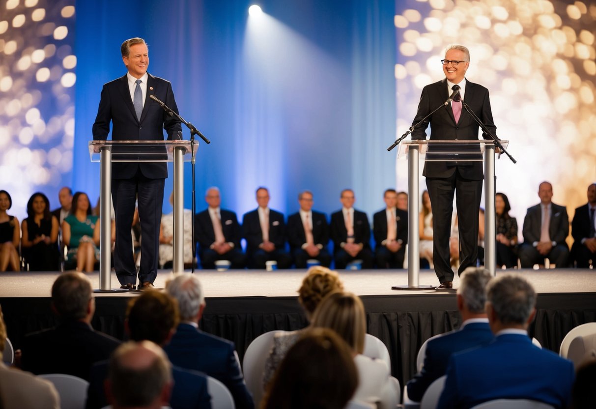 Two figures stand behind podiums on a stage, facing a crowd of seated guests. A microphone stands on each podium