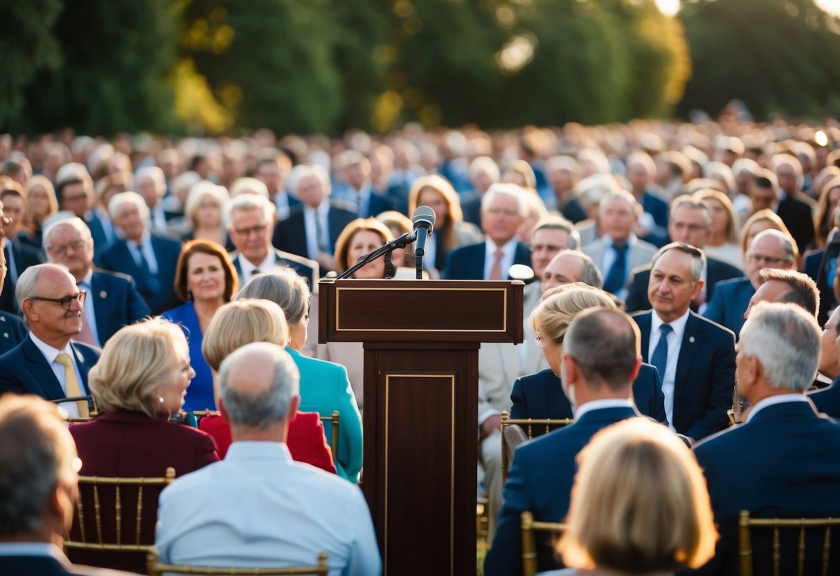 A podium with a microphone surrounded by a crowd of seated guests
