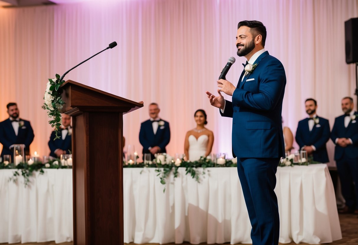 A wedding reception with a podium and microphone set up for multiple speeches