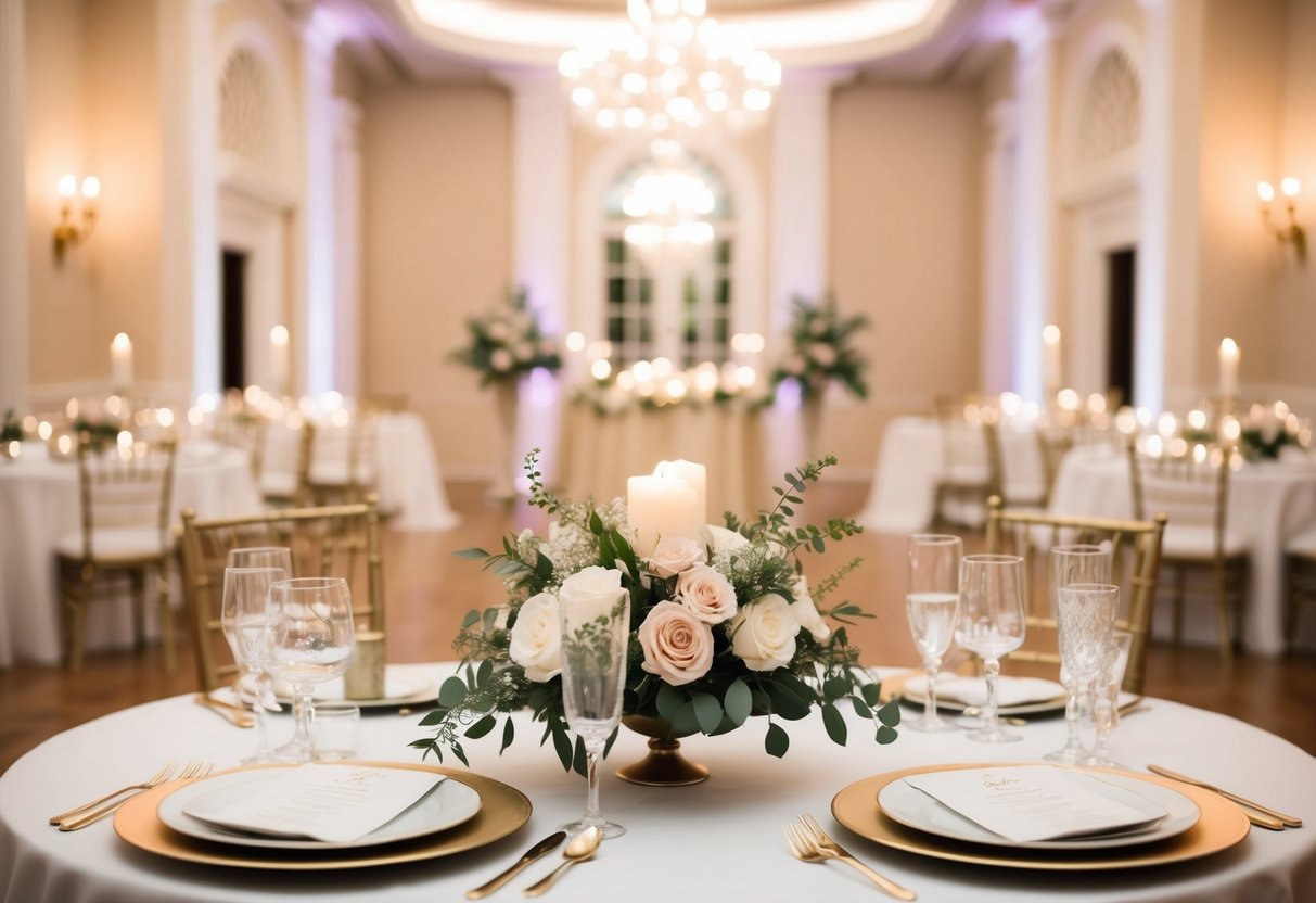 A table for two in a softly lit, elegant reception hall, adorned with flowers and candles