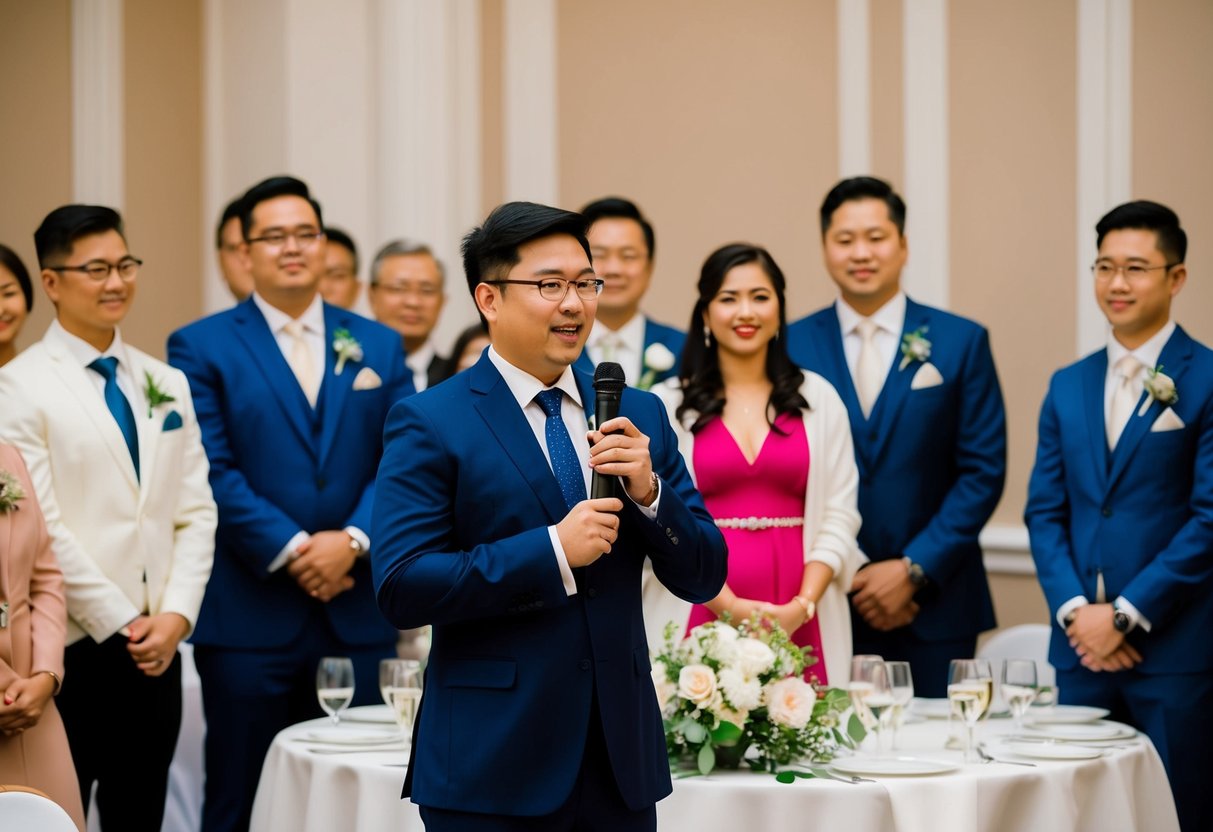 A group of individuals standing in front of a microphone, addressing a gathering during a wedding reception