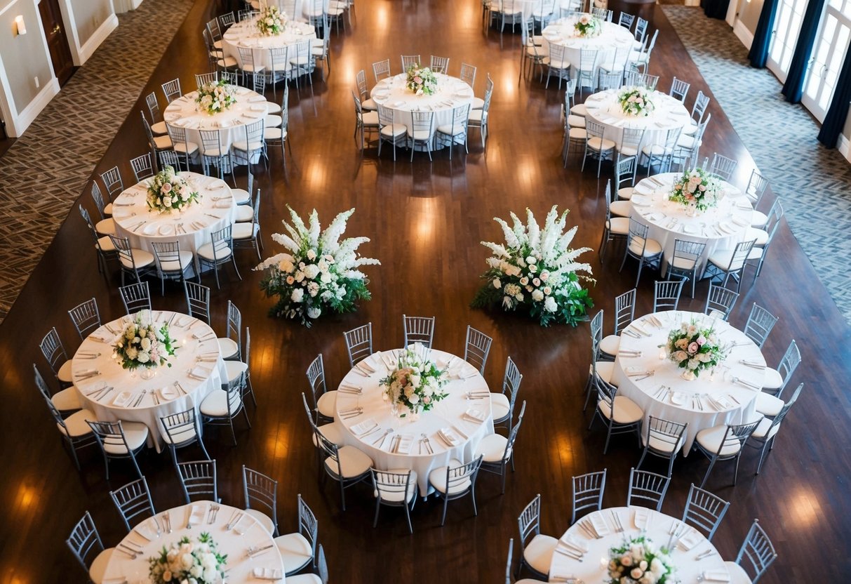 A beautifully decorated reception hall with round tables and chairs arranged in a symmetrical pattern. The bride and groom's table is placed at the center, adorned with elegant floral centerpieces