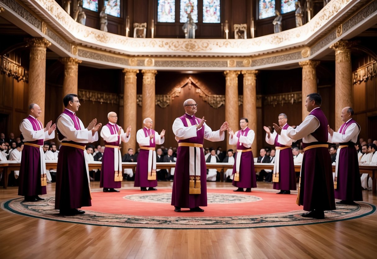 A group of figures in ceremonial attire stand in a circle, performing ritualistic movements and gestures in a grand hall adorned with intricate decorations