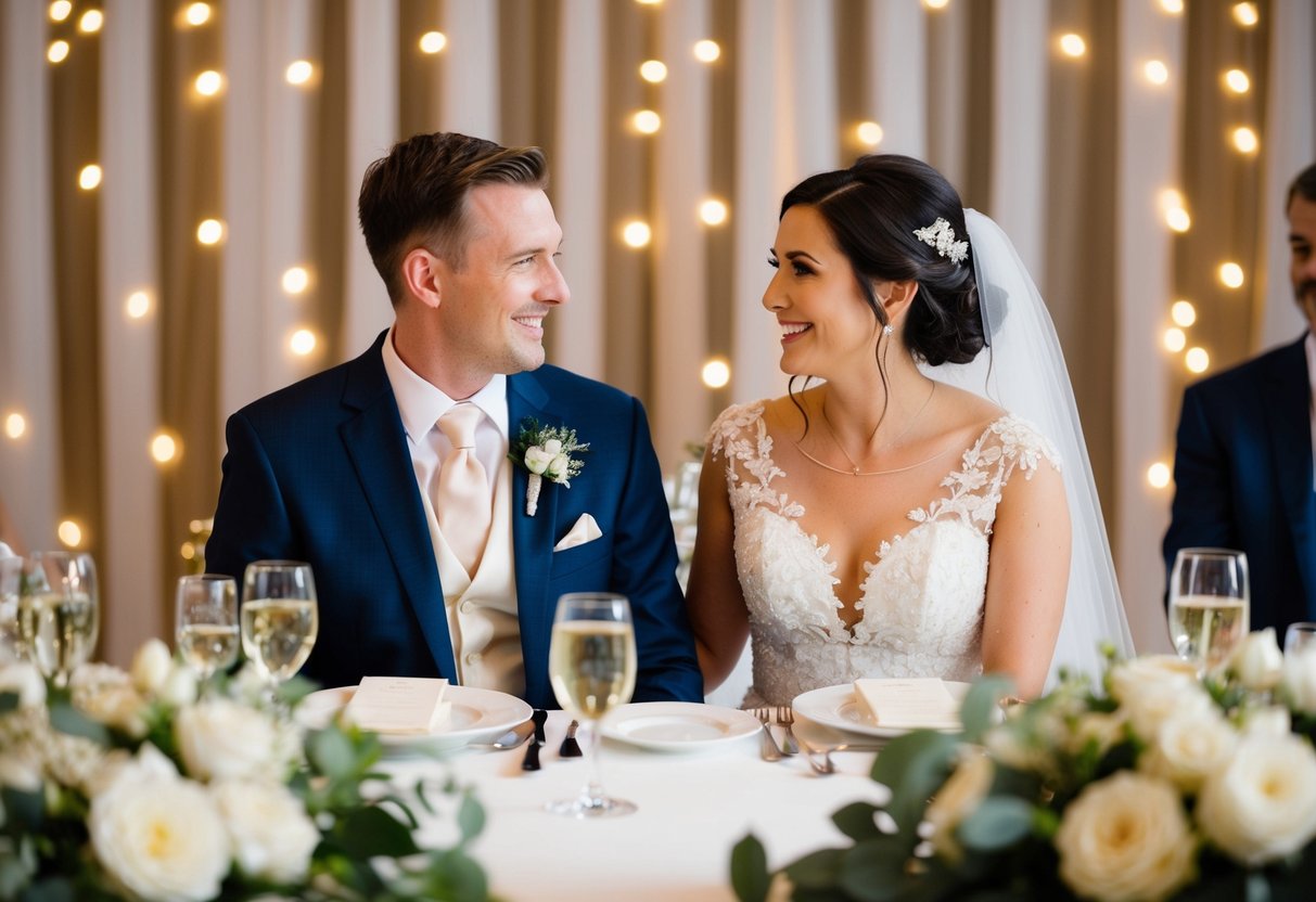 The bride and groom are seated together at their reception table, surrounded by elegant decorations and soft lighting