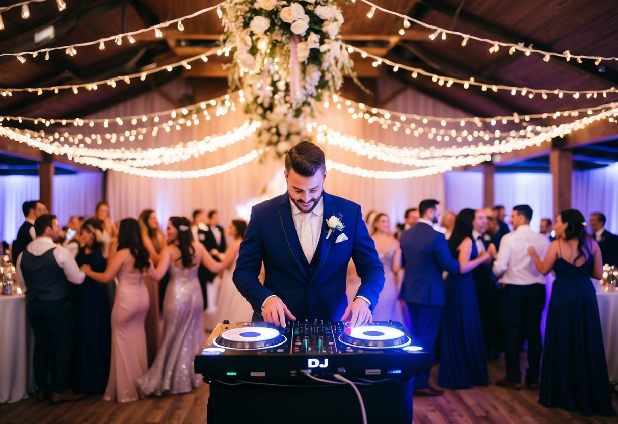 A wedding DJ plays a mix of love songs, while guests dance and celebrate under twinkling lights and floral decorations