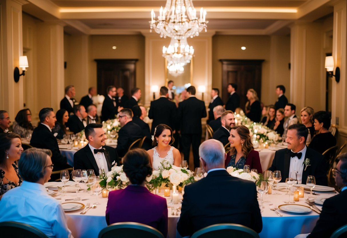 A group of people gather in a decorated dining hall, with tables set for a rehearsal dinner. The room is filled with warm lighting and elegant decor