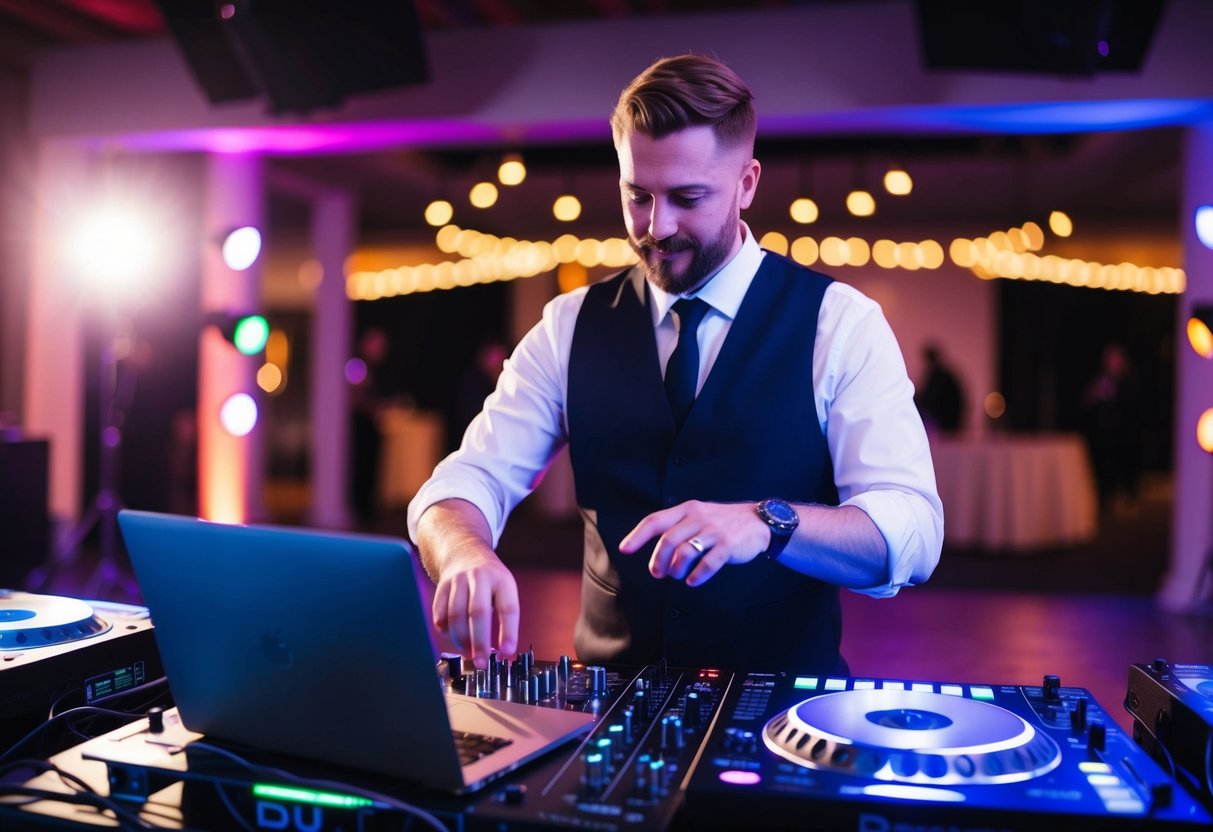 A DJ selecting music on a laptop, surrounded by colorful lights and sound equipment, with a wedding venue in the background