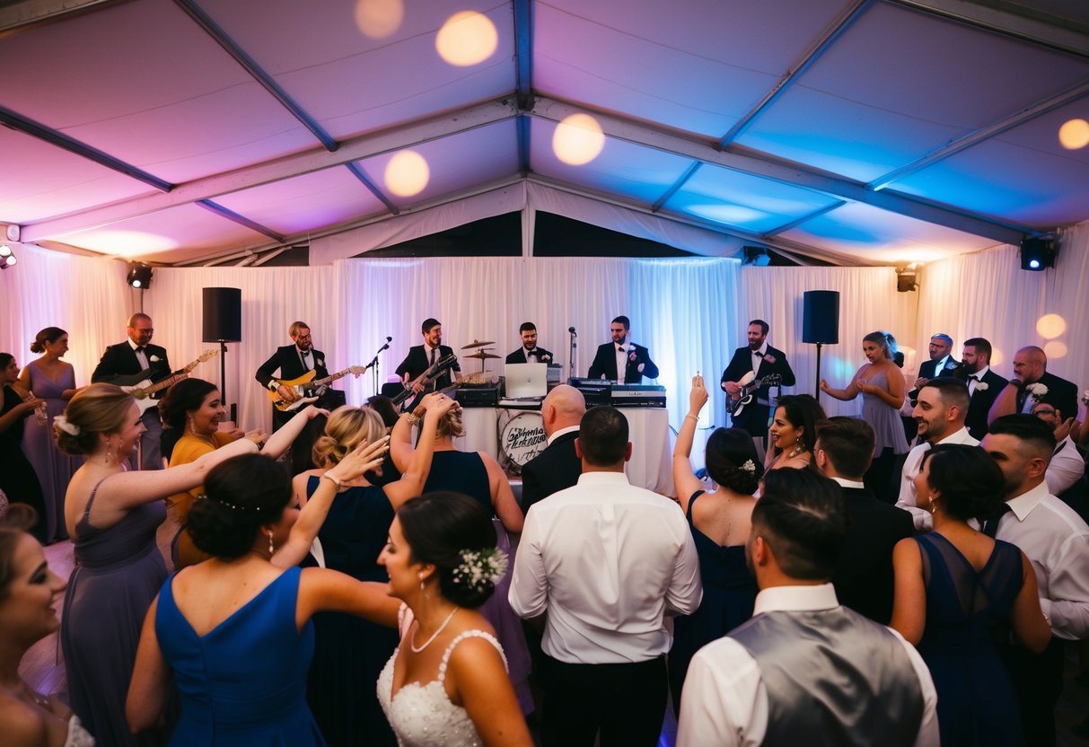 A lively wedding scene with a band on one side and a DJ on the other, surrounded by dancing guests