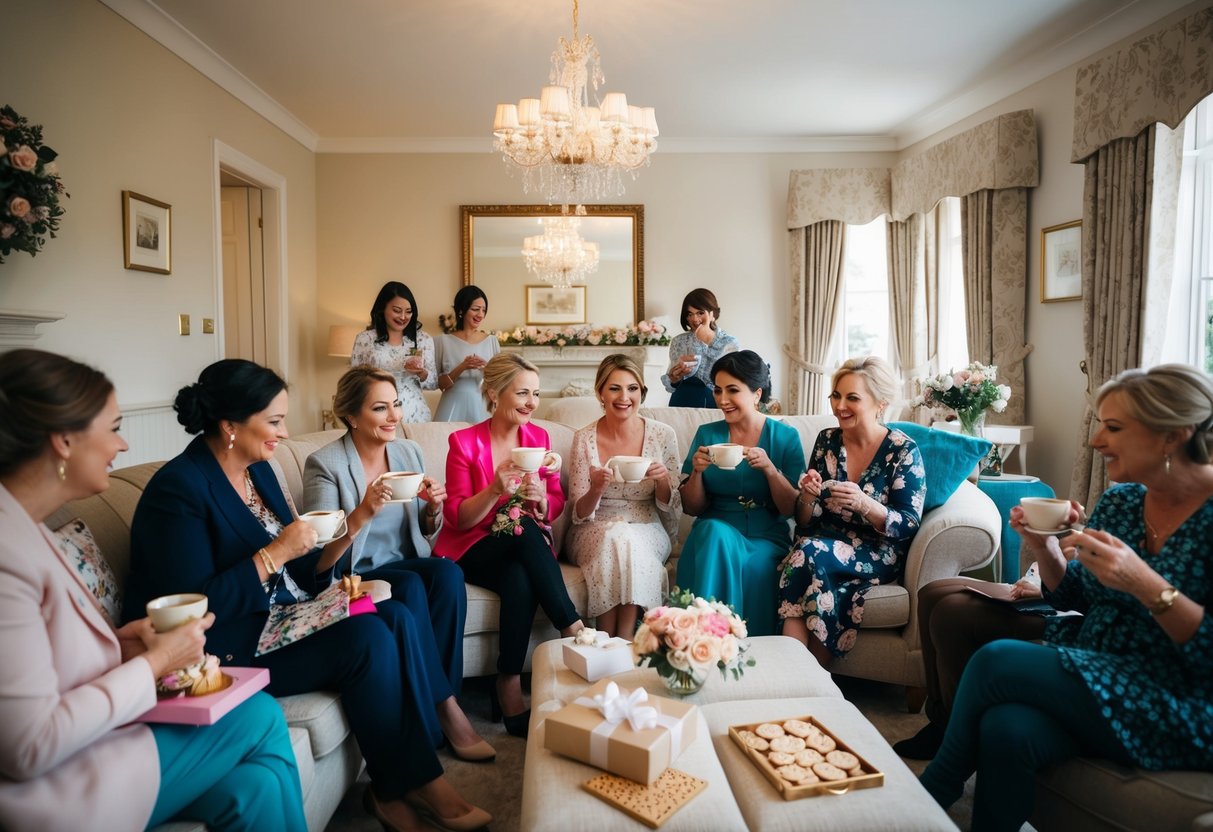 A group of women gather in a tastefully decorated living room, sipping tea and chatting while admiring the bride-to-be's gifts and playing games