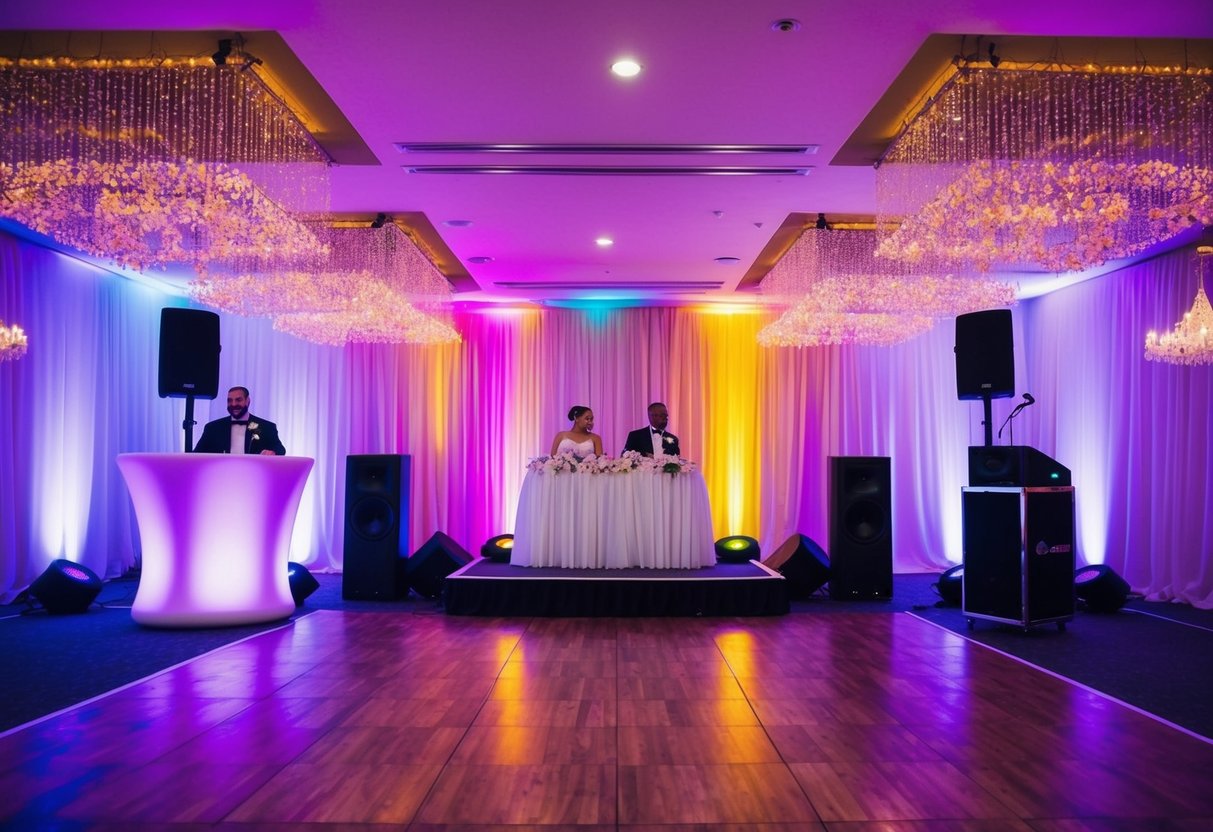A joyful wedding reception with a dance floor, colorful lights, and a DJ booth playing music to keep the party going