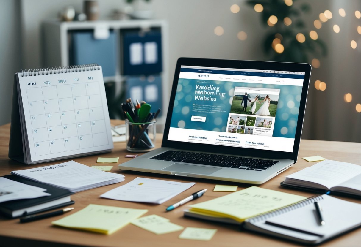 A cluttered desk with a calendar, notebook, and laptop open to a wedding planning website. Papers and sticky notes cover the surface
