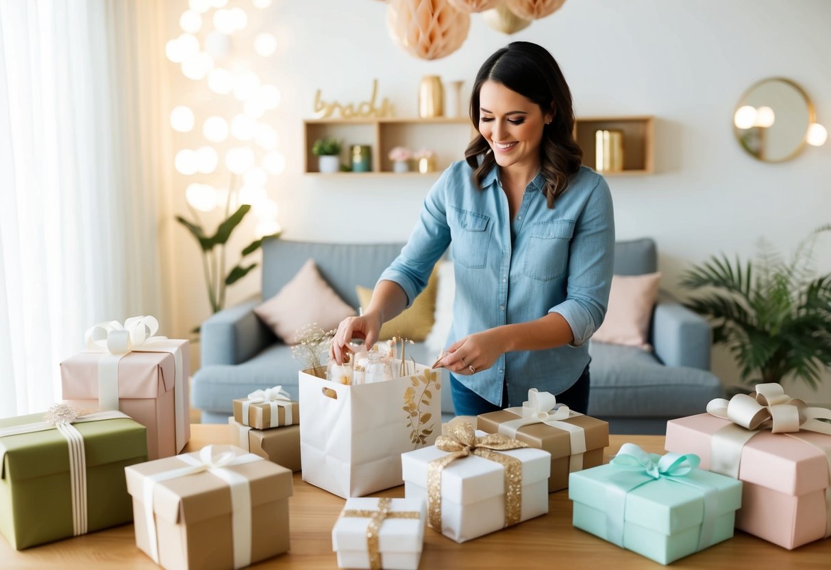 A woman organizing a bridal shower, arranging decorations and gifts in a cozy living room setting